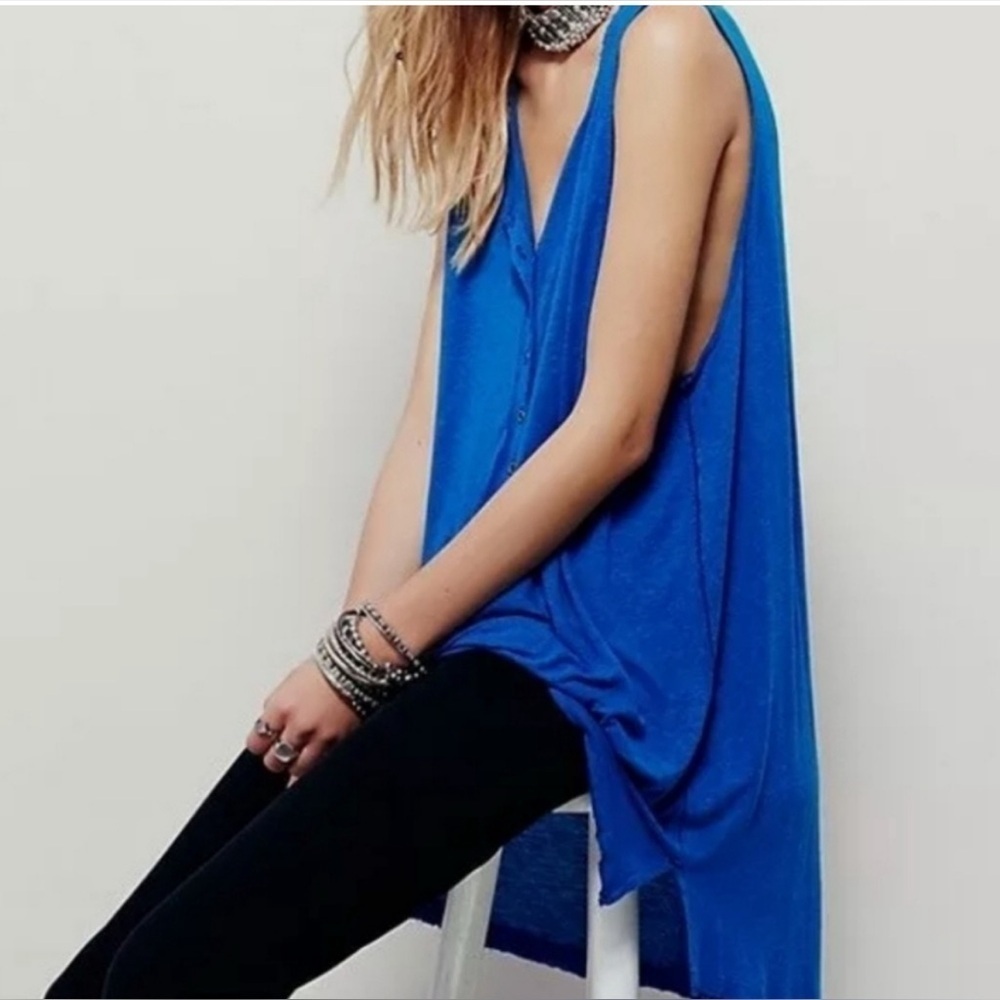 We The Free Asymmetrical Dropped Arm Holes Blue Tank Top
